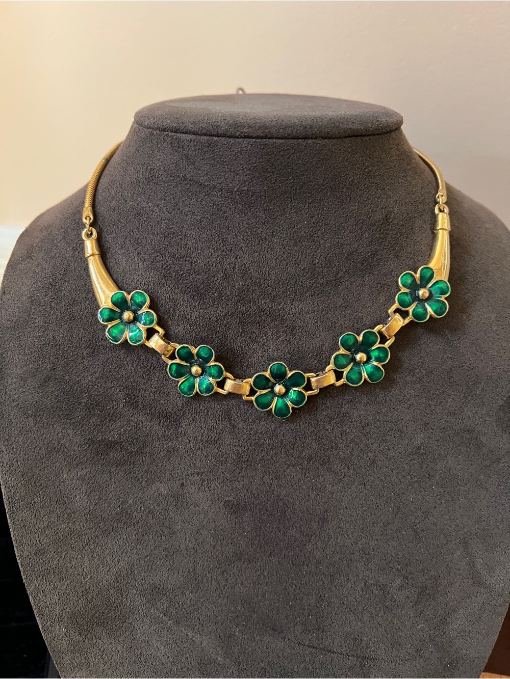 Vintage Gold and green enamel Floral Snake Necklace/choker